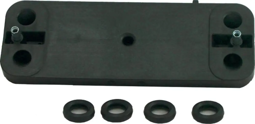 Adapterplatte aus schwarzem Kunststoff mit zwei Gewindebohrungen und vier gummierten Ringen. Produkt von Wolf, geeignet für Hydraulikgruppen CGU/CGG-2.